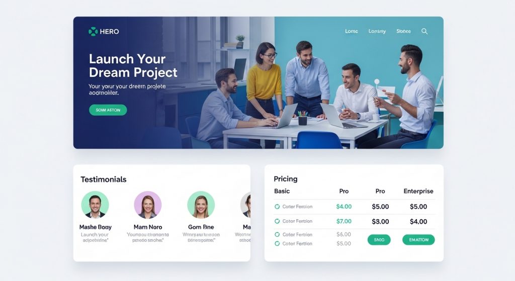Startup landing page key features layout
